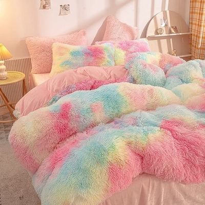 200TC 스레드 카운트 침대 세트 가짜 털 듀벤트 민크 레인보우 플러시 펄피 럭셔리 부착 시트